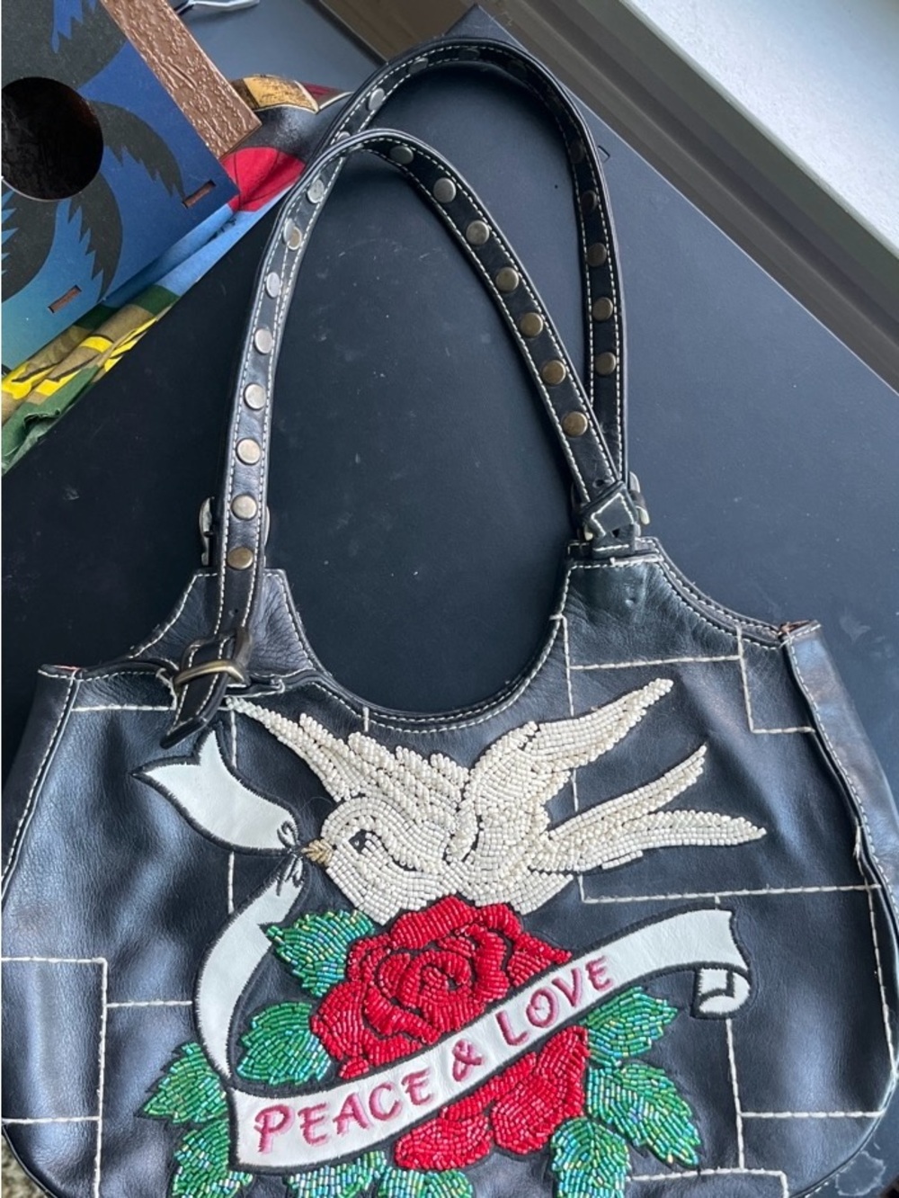 Isabella Fiore Black Shoulder Bag Peace Love Dove Beaded Magnetic Pockets